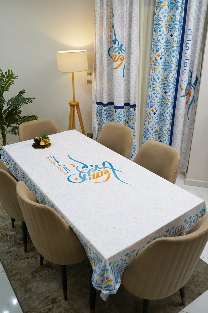 Blue Yellow Water Color Moroccan Tiles Ramadan Tablecloth satra