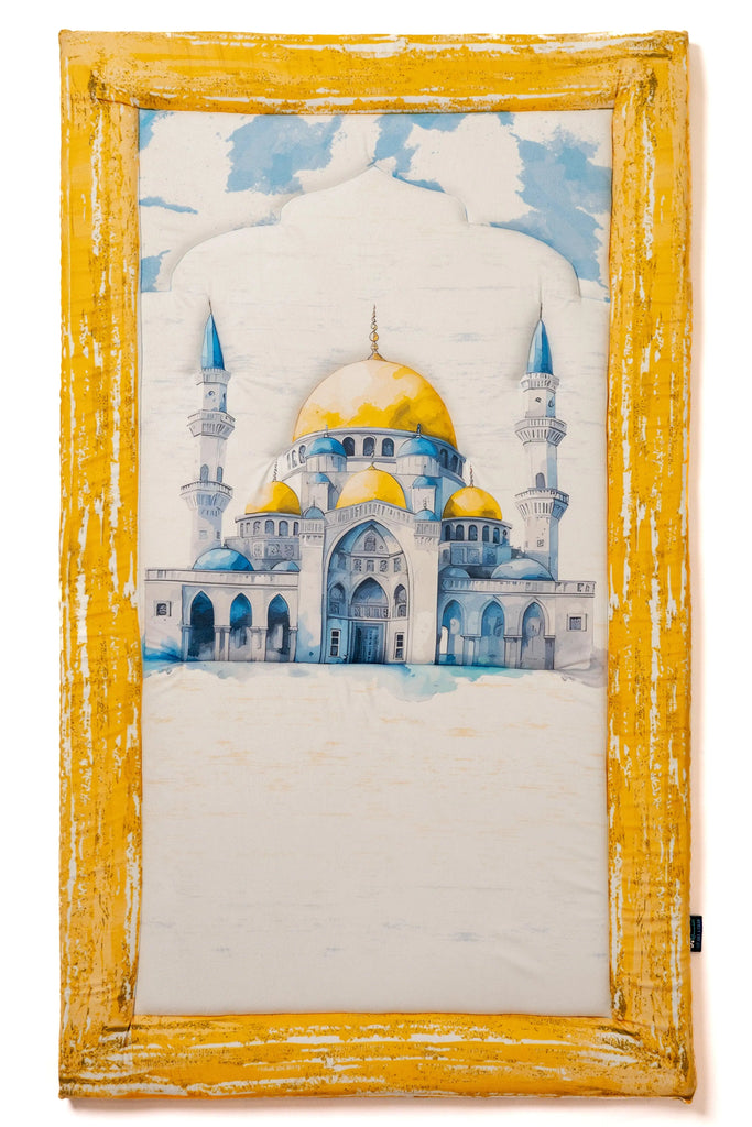 Blue andYellow Watercolor Mosque Premium Prayer Mat - stara