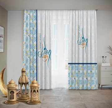 Blue yellow Water Color Moroccan Tiles Curtains Ramdan satra