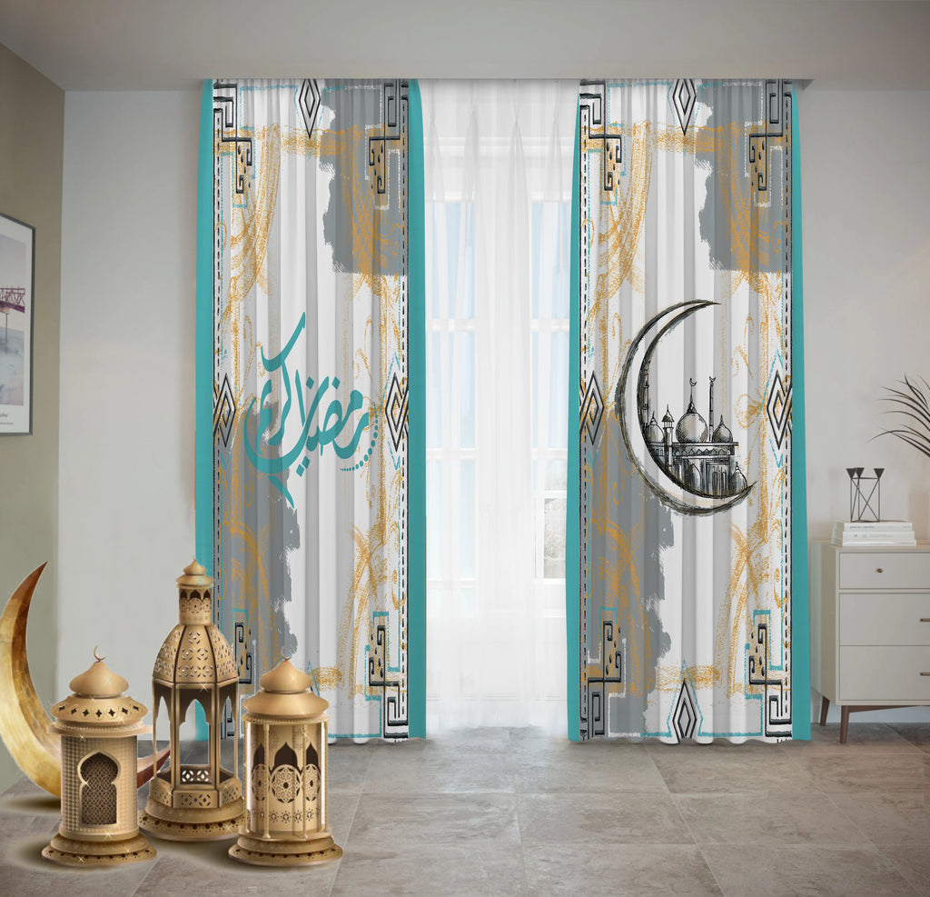 Turquoise Sketched Mosque Curtains Ramdan satra